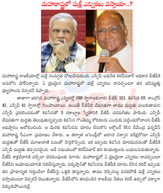 ncp president sharad pawar,shivasena vs bjp,maharashtra cm devendra fudnavis,sharad pawarm vs narendra modi,latest updates of maharashtra politics,bjp govt in danger in maharashtra,sharad pawar about elections in maharashtra  ncp president sharad pawar, shivasena vs bjp, maharashtra cm devendra fudnavis, sharad pawarm vs narendra modi, latest updates of maharashtra politics, bjp govt in danger in maharashtra, sharad pawar about elections in maharashtra